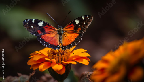 Vibrant butterfly wing in close up, pollinating yellow flower outdoors generated by AI
