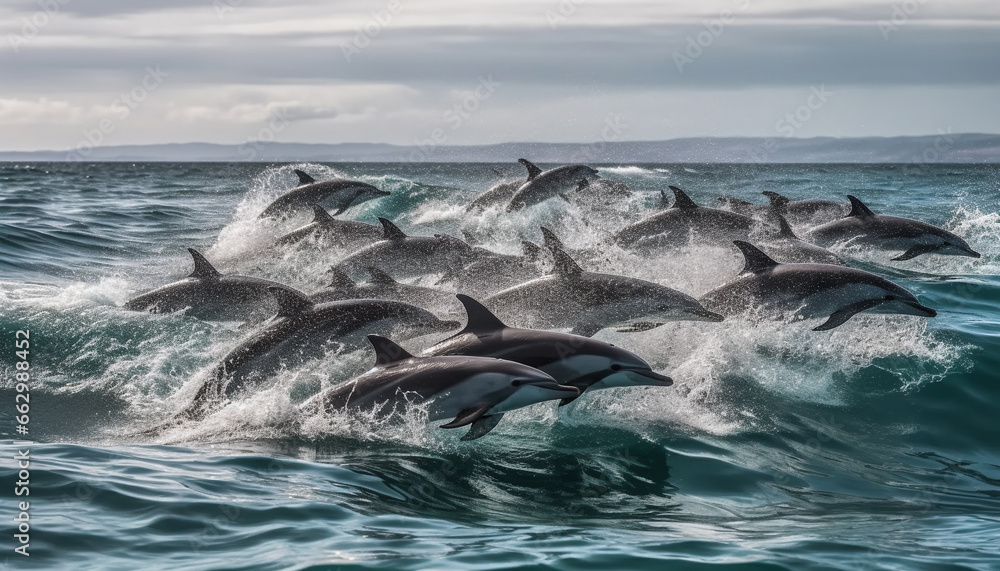 Fototapeta premium Group of majestic aquatic mammals jumping in the tropical sea generated by AI