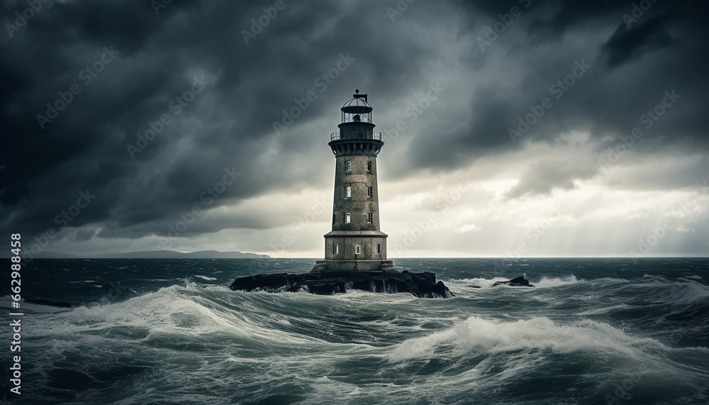 Dark storm over famous beacon guides nautical vessel through danger generated by AI
