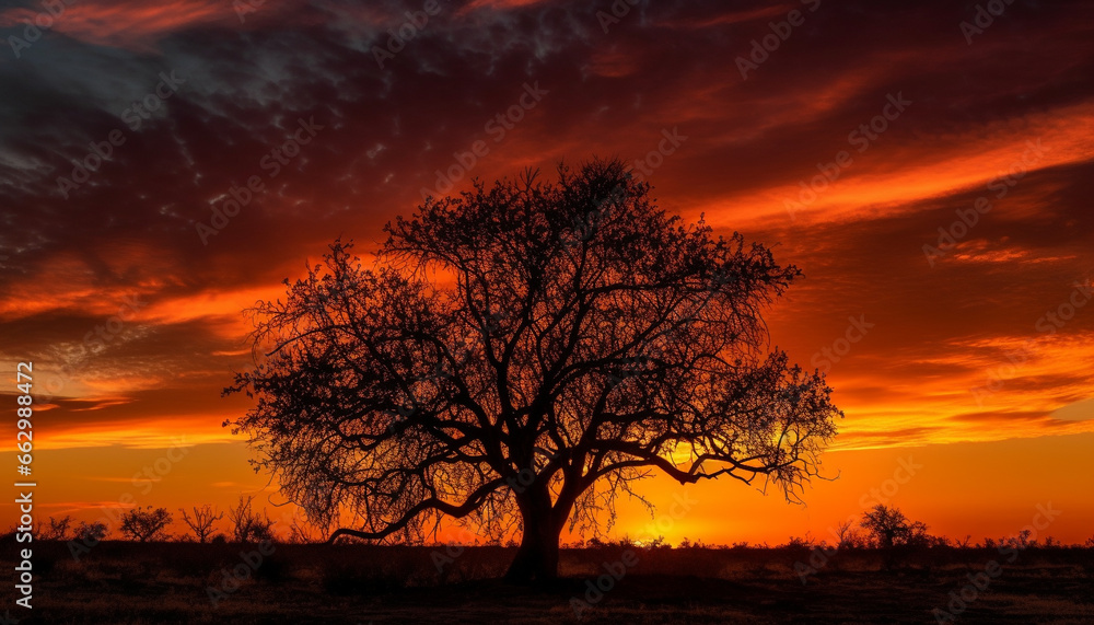 Golden sun sets over tranquil savannah, acacia tree silhouette generated by AI