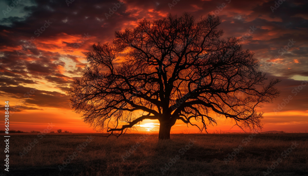 Silhouette of acacia tree in tranquil African sunset landscape generated by AI Silhouette of acacia tree in tranquil African sunset landscape generated by AI