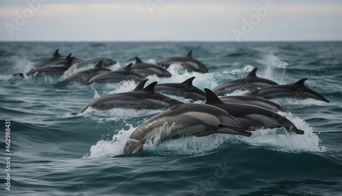 Playful dolphins jumping in the blue sea, splashing with motion generated by AI © djvstock