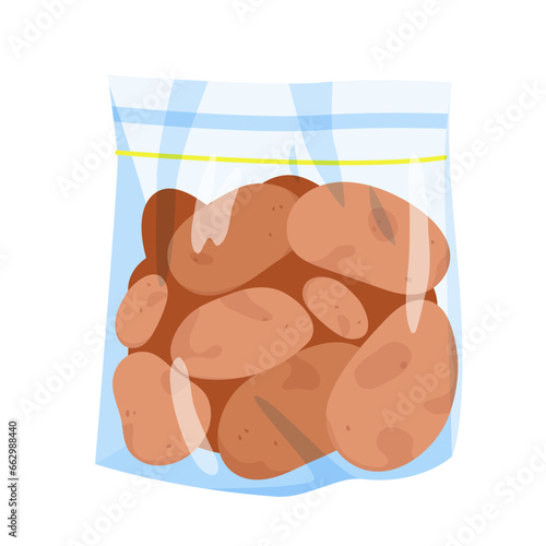 Potatoes in plastic bag with zip lock vector illustration. Cartoon isolated pile of vegetables in transparent supermarket package with zipper, farm market packaging for keeping fresh food product