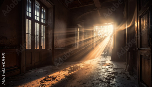 Dark corridor illuminated by spooky sunlight through old window vanishing point generated by AI
