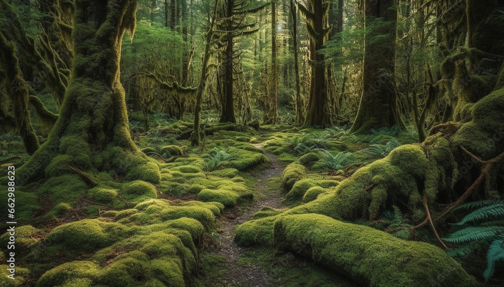 Tranquil scene of a temperate rainforest with lush green foliage generated by AI - obrazy, fototapety, plakaty 