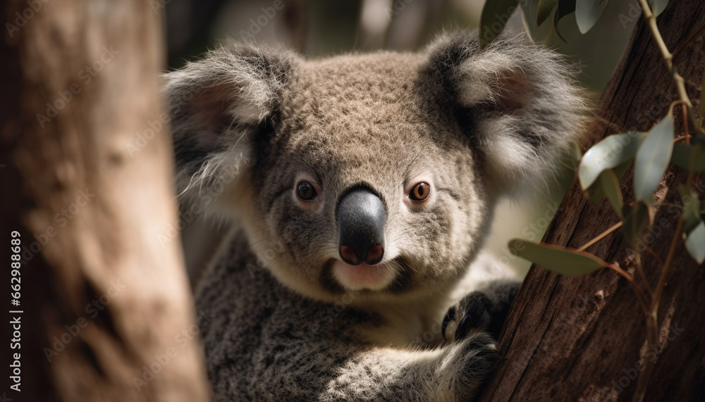 Naklejka premium Koala sitting on eucalyptus tree branch, furry marsupial looking cute generated by AI