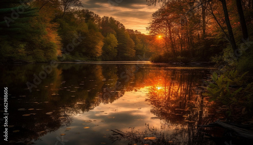 Tranquil scene of a vibrant autumn forest reflected in water generated by AI