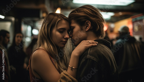 Young adults in love, embracing and smiling, enjoying city nightlife generated by AI