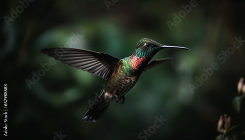 Multi colored hummingbird hovers mid air, pollinating vibrant flowers in tropical rainforest generated by AI
