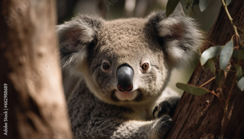 Koala sitting on eucalyptus tree branch, furry marsupial looking cute generated by AI © djvstock
