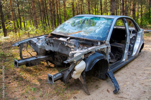 Destroyed car in the forest near Asotthalom