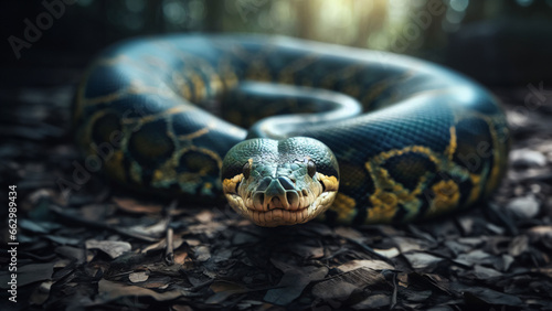 Anaconda salvaje preparada enroscada preparada para atacar en la naturaleza mirando a la cámara © David Escobedo