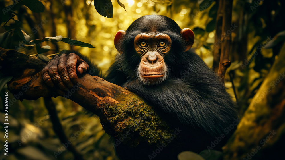 Retrato de un chimpancé en la naturaleza relajado apoyado en la rama de un árbol mirando a cámara - obrazy, fototapety, plakaty 