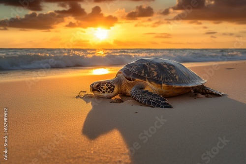 Sunrise turtle on beach. Generative AI