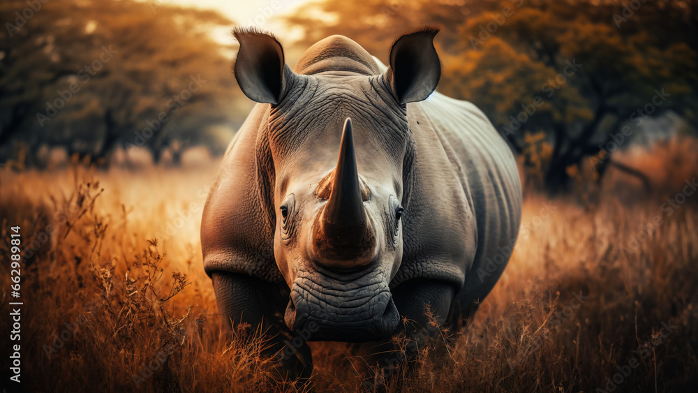 Rinoceronte de África en la naturaleza mirando a cámara - obrazy, fototapety, plakaty 