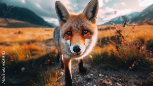 Print op canvas Retrato de un zorro salvaje en la naturaleza mirando a cámara