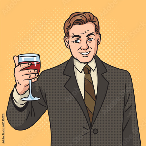 Man with a glass of wine businessman meme pinup pop art retro vector illustration. Comic book style imitation.
