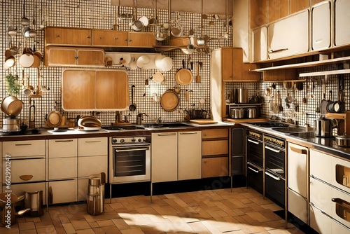 Vintage kitchen from the 1970 era with retro appliances and round photo