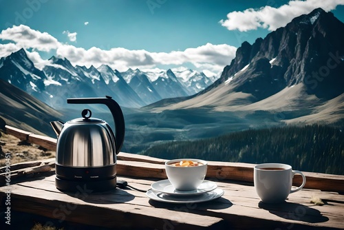 A stylish electric kettle with a scenic mountain view. photo
