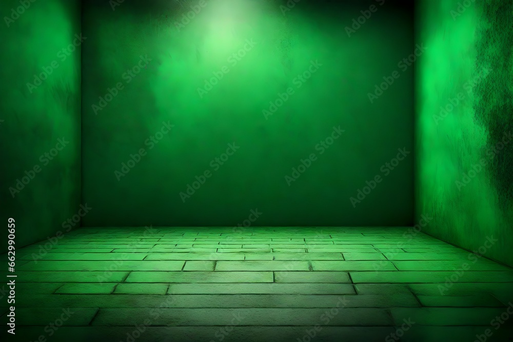 backdrop green wall background with floor with texture grunge texture with relief spotlight illuminated. Two-color complementary color