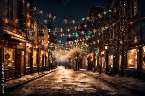 a festive street scene with Christmas lights and decorations.