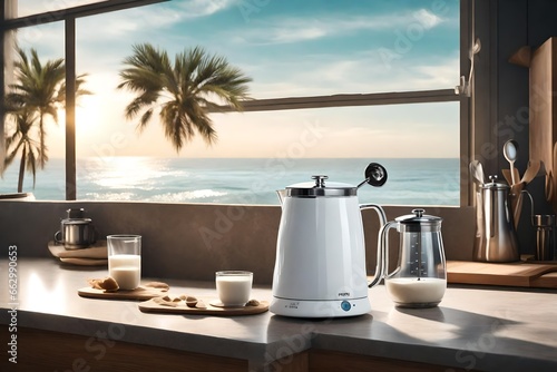 A digital milk frother in a kitchen with a view of a secluded beach. photo