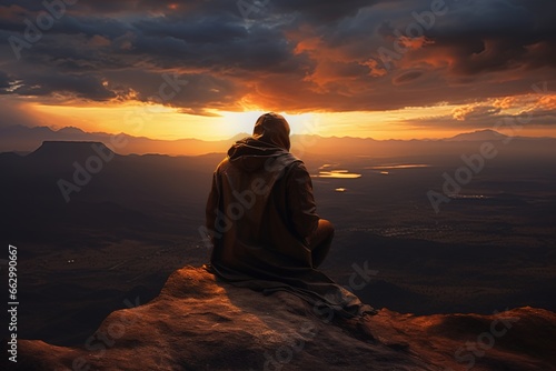 Man sitting on top of a mountain