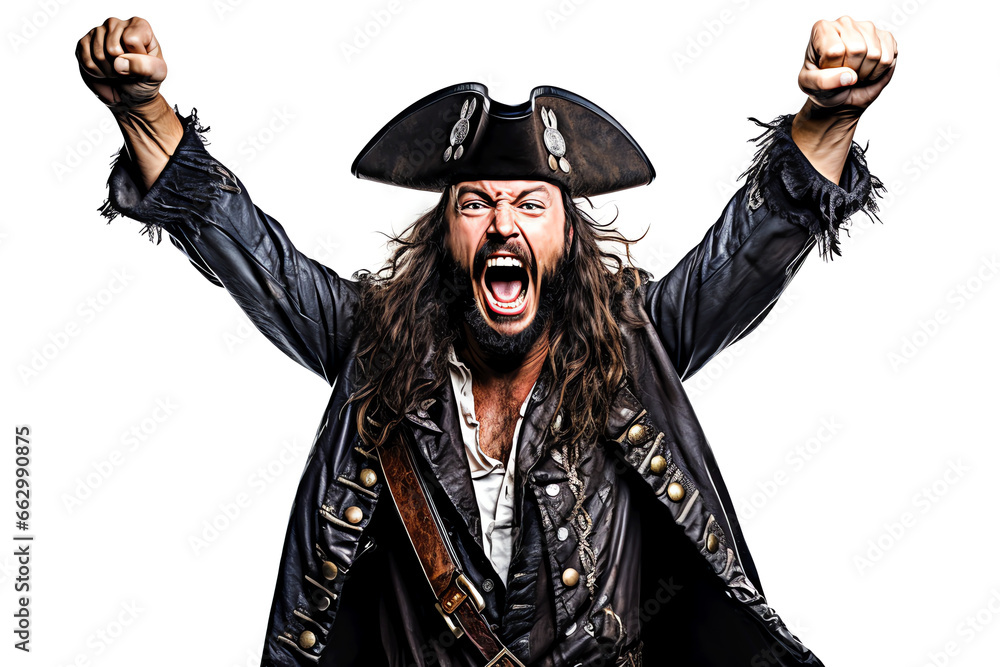 Obraz premium rough pirate man in hat and coat with wild long hair and beard cheering and celebrating raised arms on white background
