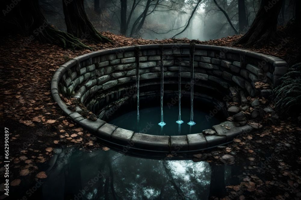 A haunted well with eerie water.