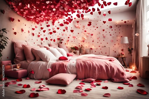 a romantic bedroom with rose petals scattered on a bed covered in heart-shaped cushions.