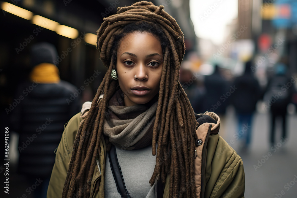 A stylish woman with dreadlocks strolling through a vibrant city street A stylish woman with dreadlocks strolling through a vibrant city street