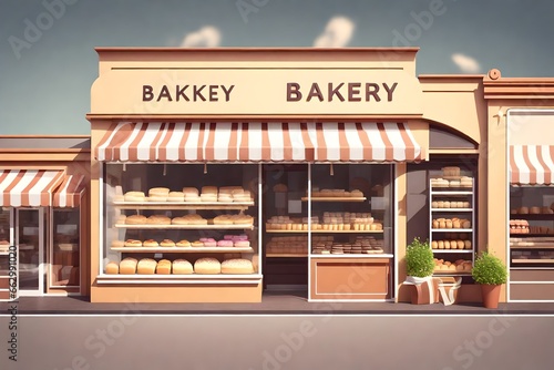 3D Bakery shop building façade with Baking store, café, bread, pastry and dessert shop front view Market photo