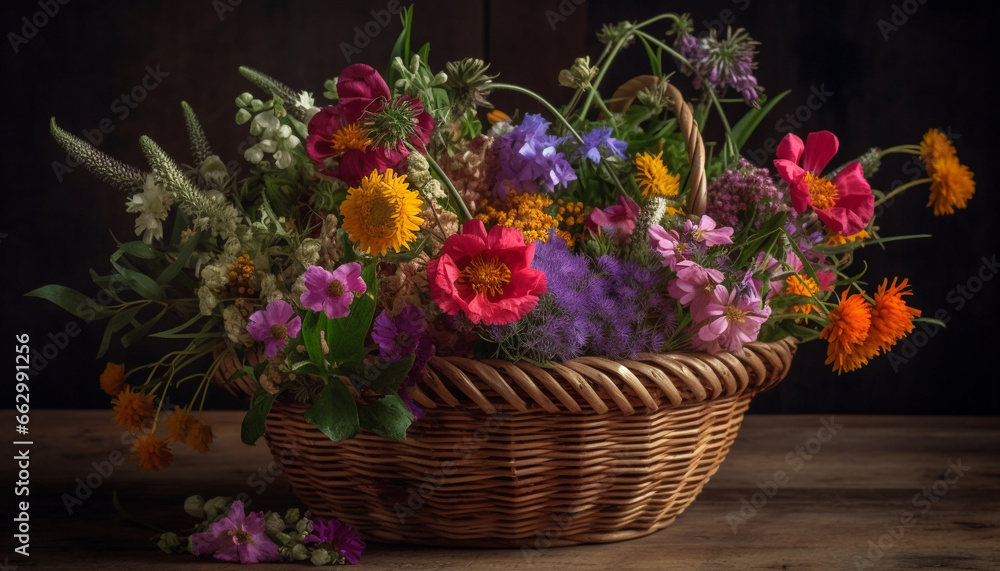 Fresh bouquet of multi colored wildflowers in rustic flower pot generated by AI