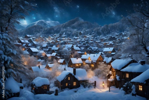 a snow-covered village with twinkling lights.