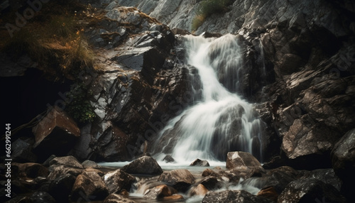 Tranquil scene of flowing water in nature beauty, surrounded by mountains generated by AI