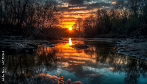 Tranquil scene of nature beauty sunset, reflection, tree, pond generated by AI