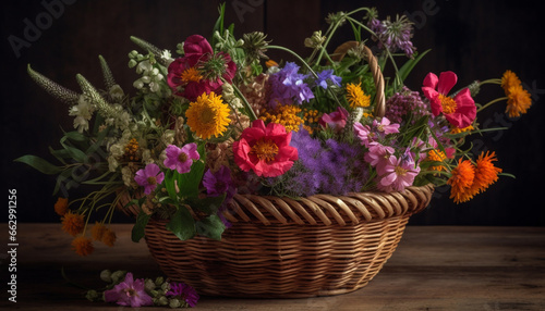 Fresh bouquet of multi colored wildflowers in rustic flower pot generated by AI