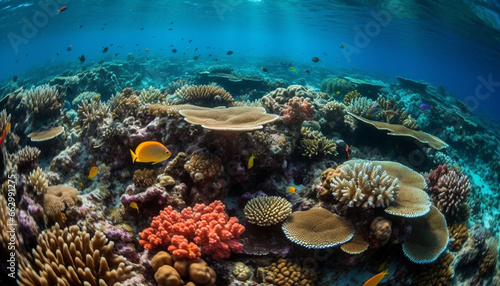 Multi colored fish swim in a vibrant underwater reef landscape generated by AI © djvstock