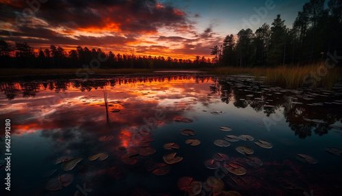 Tranquil scene of nature beauty sunset reflection on pond generated by AI