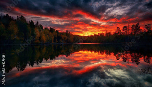 Tranquil sunset over majestic mountain, reflecting vibrant colors in pond generated by AI