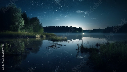 Tranquil scene of a rural forest pond at dusk reflecting beauty generated by AI