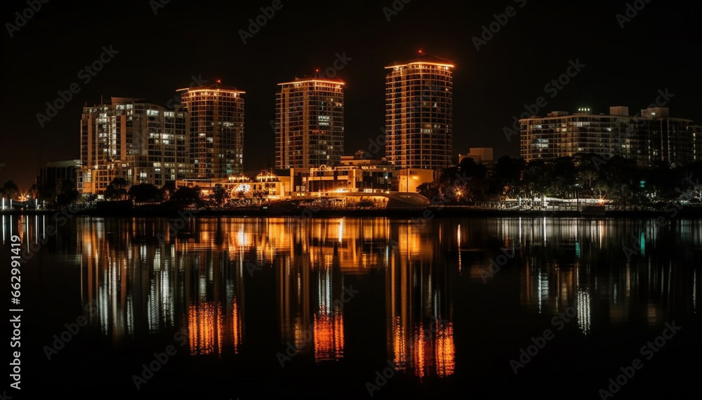 Illuminated skyscrapers reflect on tranquil waterfront in vibrant cityscape generated by AI