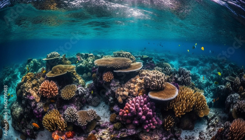 Colorful sea life thrives in the tropical underwater reef landscape generated by AI