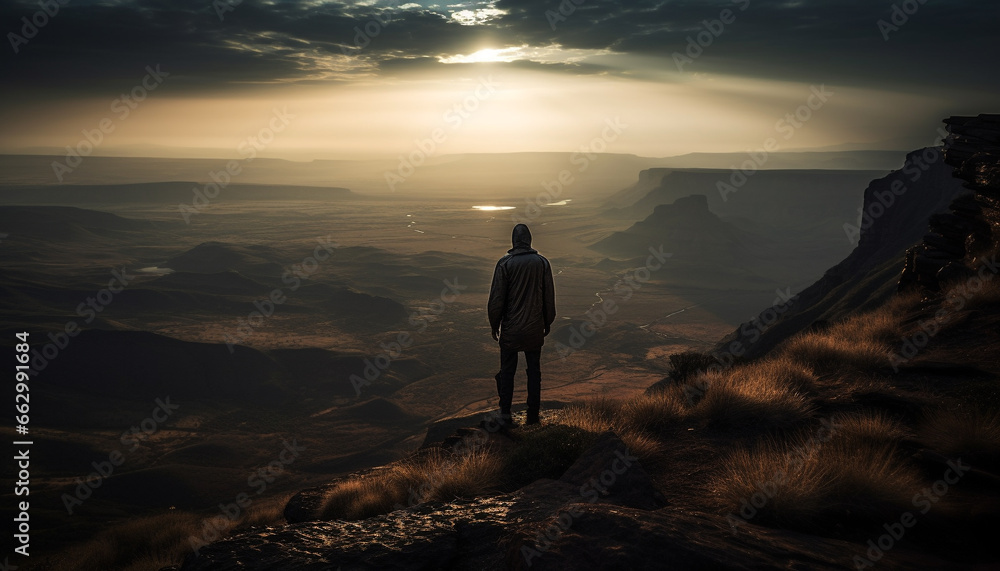 Standing on cliff, one person looks at majestic mountain landscape generated by AI Standing on cliff, one person looks at majestic mountain landscape generated by AI