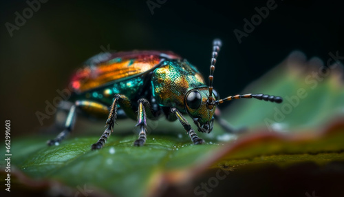 Small arthropod on green leaf, multi colored weevil in focus foreground generated by AI