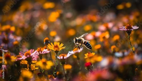 Vibrant wildflower meadow, bee pollination, natural beauty in nature generated by AI © djvstock