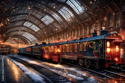 a Christmas-themed train station with a holiday train.