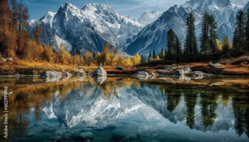 Tranquil scene of majestic mountain range reflects natural beauty generated by AI