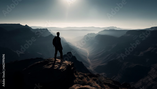 One person standing on mountain peak, back lit by sunset generated by AI
