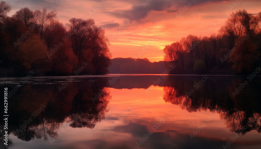 Vibrant sunset reflection on tranquil pond in autumn forest landscape generated by AI